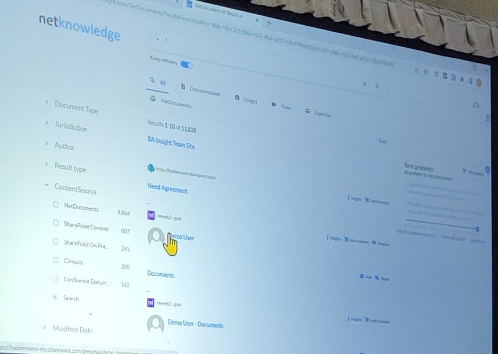 txmischief's tweet image. #DemoKing @srednasm shows off the @netdocuments enterprise search NetKnowledge, powered by @upland BA Insight, which brings search across all of your repositories and data sources into a single search within the DMS. #NDInspire22