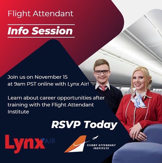 FlightAttInst's tweet photo. Exciting Opportunity! 
Join the  Flight Attendant Institute for a free virtual info session as we welcome the HR Team of @Lynx_Air Learn how YOU can become a Flight Attendant with Lynx Air after training with the @fltattinstitute https://t.co/orLy2KXboo

#flightattendant #Online https://t.co/dGlgDDdyHL