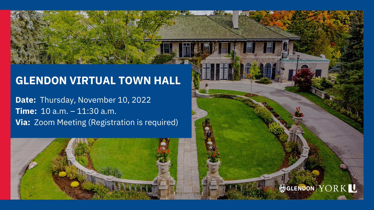 #GlendonCampus will be holding a Virtual Town Hall on Thursday, November 10, to update the community on the Glendon Repositioning exercise currently underway, and to present the new value proposition which has been developed. Registration is required: bit.ly/3FU0aEN