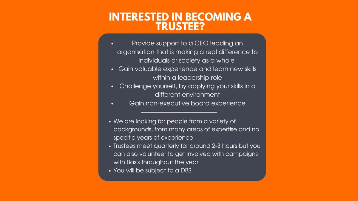 BasisYorkshire's tweet image. If you&apos;re interested in becoming a trustee at Basis, we would love to hear from you! Please get in touch by emailing us at infobasis@basisyorkshire.org.uk.

#TrusteesWeek2022 #charity #Trustees #ThankYou #BecomeaTrustee