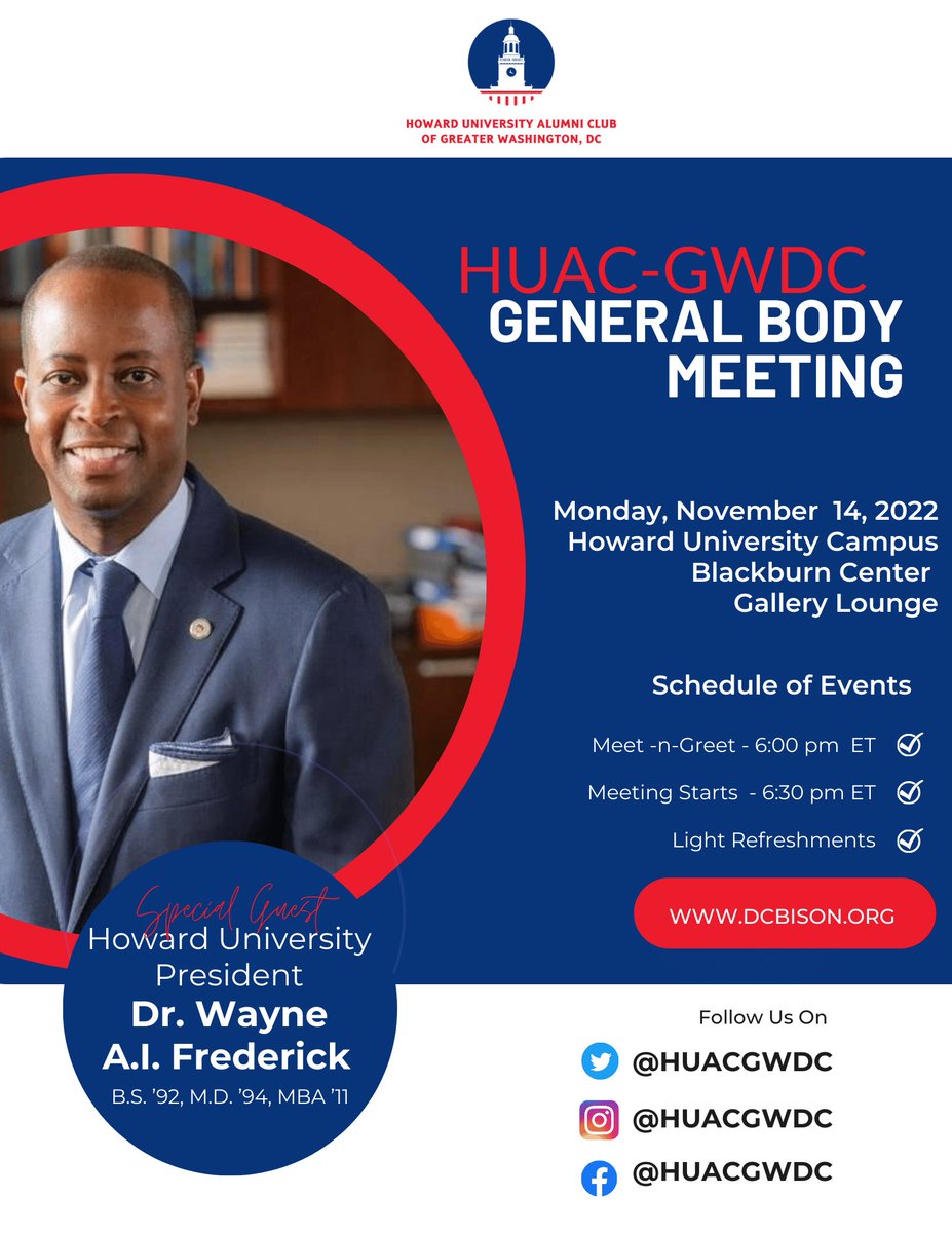 Howard Alumni in Greater Washington DC Area join us Monday, November 14, 2022 for an important conversation with @HUPrez17.