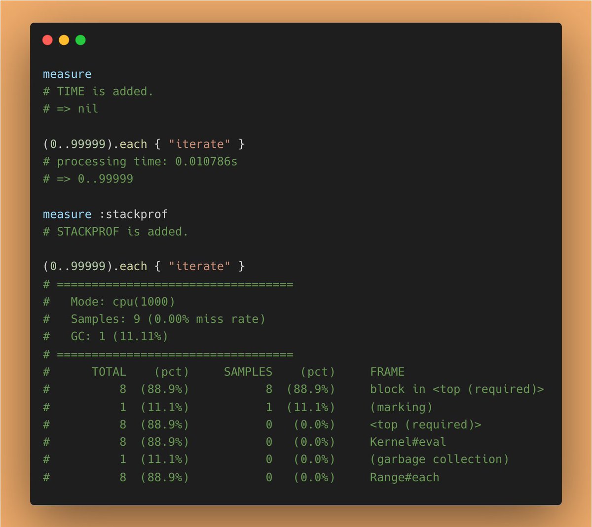 IRB has a built-in measure keyword for benchmarking. In addition, it supports integration with stackprof.