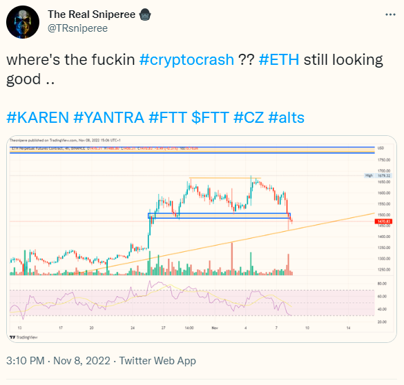 TRsniperee's tweet photo. I told you, the #cryptomarket is just #shaking paper hands, so don't lose your position, don't be a #Karen 

 #KAREN #BINANCE #cryptocrash #ETH #FTT #YANTRA https://t.co/WchnVc5Ozm
