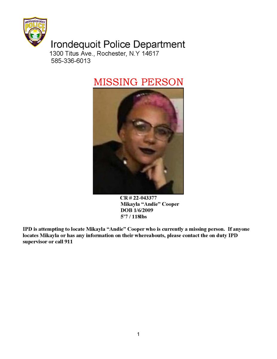 MISSING PERSON: If you have any information about the whereabouts of Mikayla “Andie” Cooper please call 911.