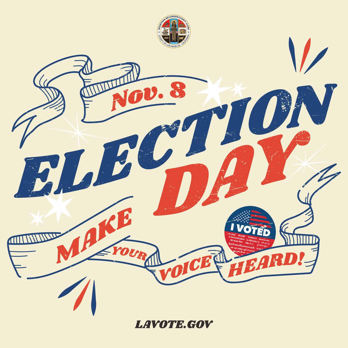 ⏰ Polls close at 8PM, so make sure you participate in democracy and vote! Find your Vote Center at locator.lavote.gov!