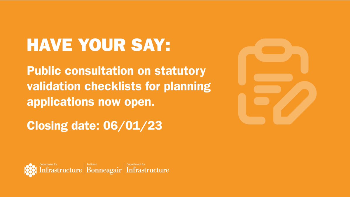 A public consultation on the introduction of a statutory power for councils &amp; <a href="/deptinfra/">Department for Infrastructure</a> to provide validation checklists for planning applications to speed up the overall processing times for applications is now open. 

More info: infrastructure-ni.gov.uk/consultations/…