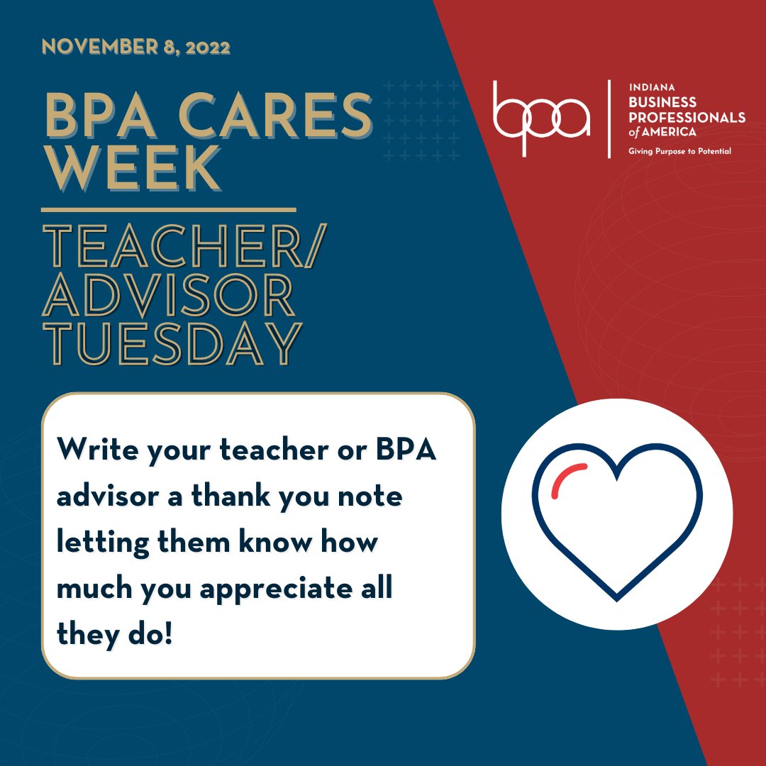 inbpa's tweet photo. Welcome to BPA Cares Week, Teacher/Advisor Tuesday!
Our teachers and advisors do a lot for us, and we don’t always get the chance to say thank you. Write them a note today telling them how much you appreciate them! #BPACARES #INBPA #BPAALLDAY https://t.co/Xk9wsrzaKX