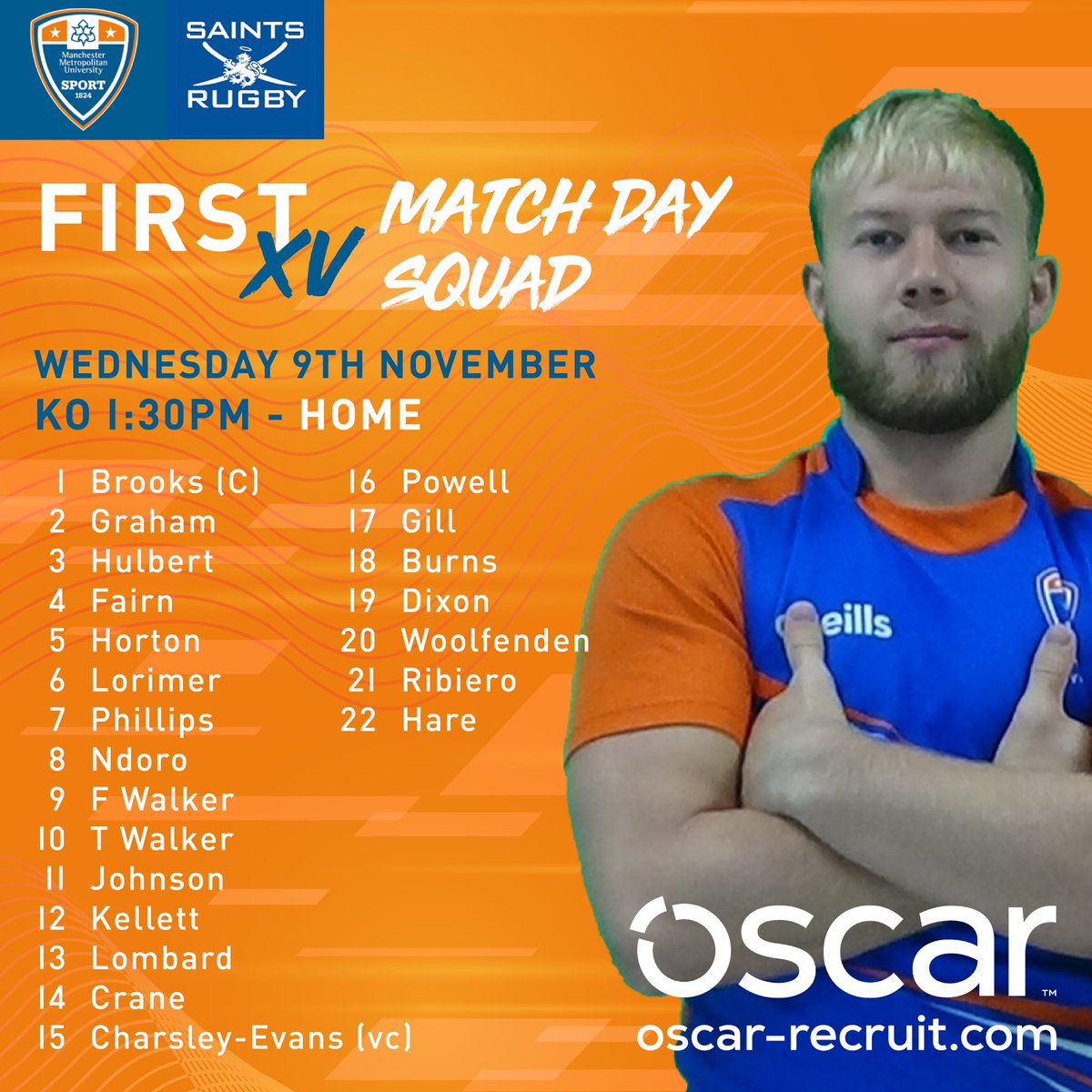 MMURUGBY's tweet photo. Your @MMUSport team to play @univofstandrews in the early kick off tomorrow.
Watch it live here: https://t.co/Ix4wTT8zjE
A few changes only to the side that were unlucky last week at Bishop:
🟠Horton to the row
🔵Hulbert to 3
🟠 Crane to the wing
#Lazgo #BlOrange #LetItLive https://t.co/YL58ZDnVsi