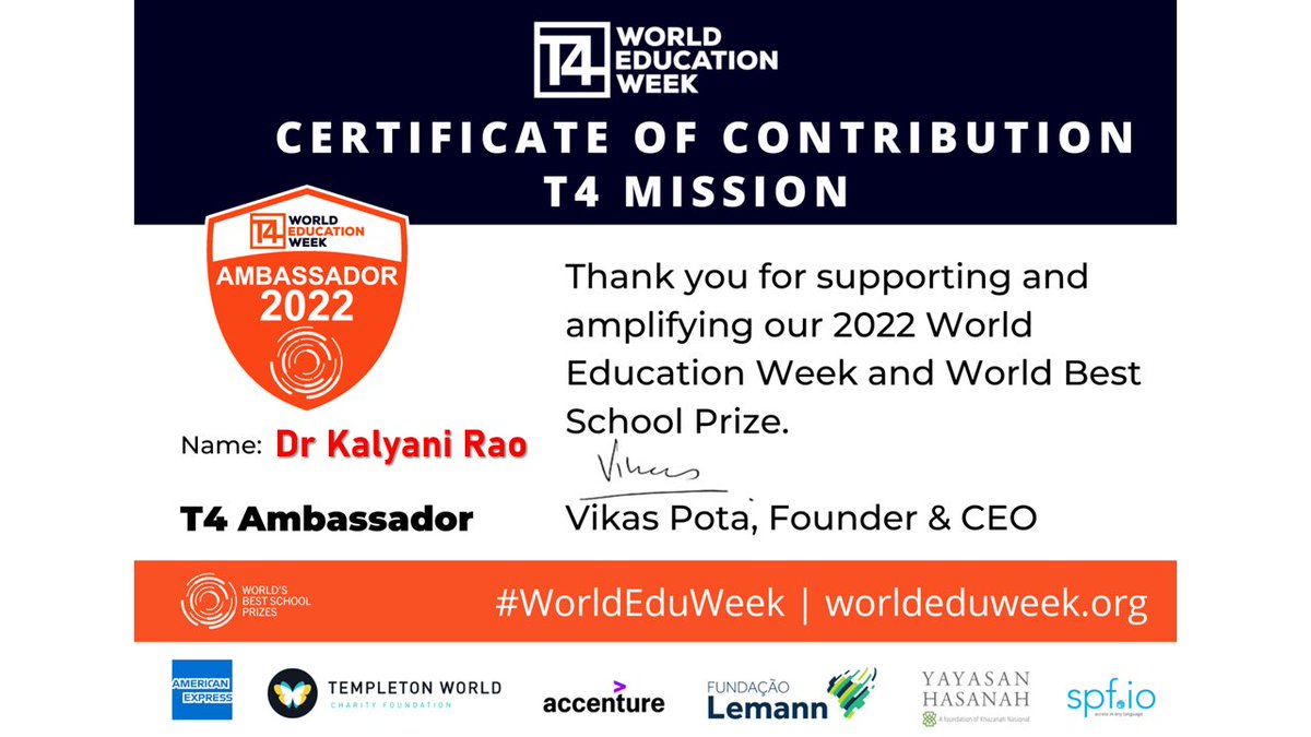 I was really honoured when you expressed your appreciation of me through this prestigious certificate. I am happy that you see me as a valuable Founding member of the team too and now, with this unexpected felicitation. Thank you for this great recognition T4 Education, UK