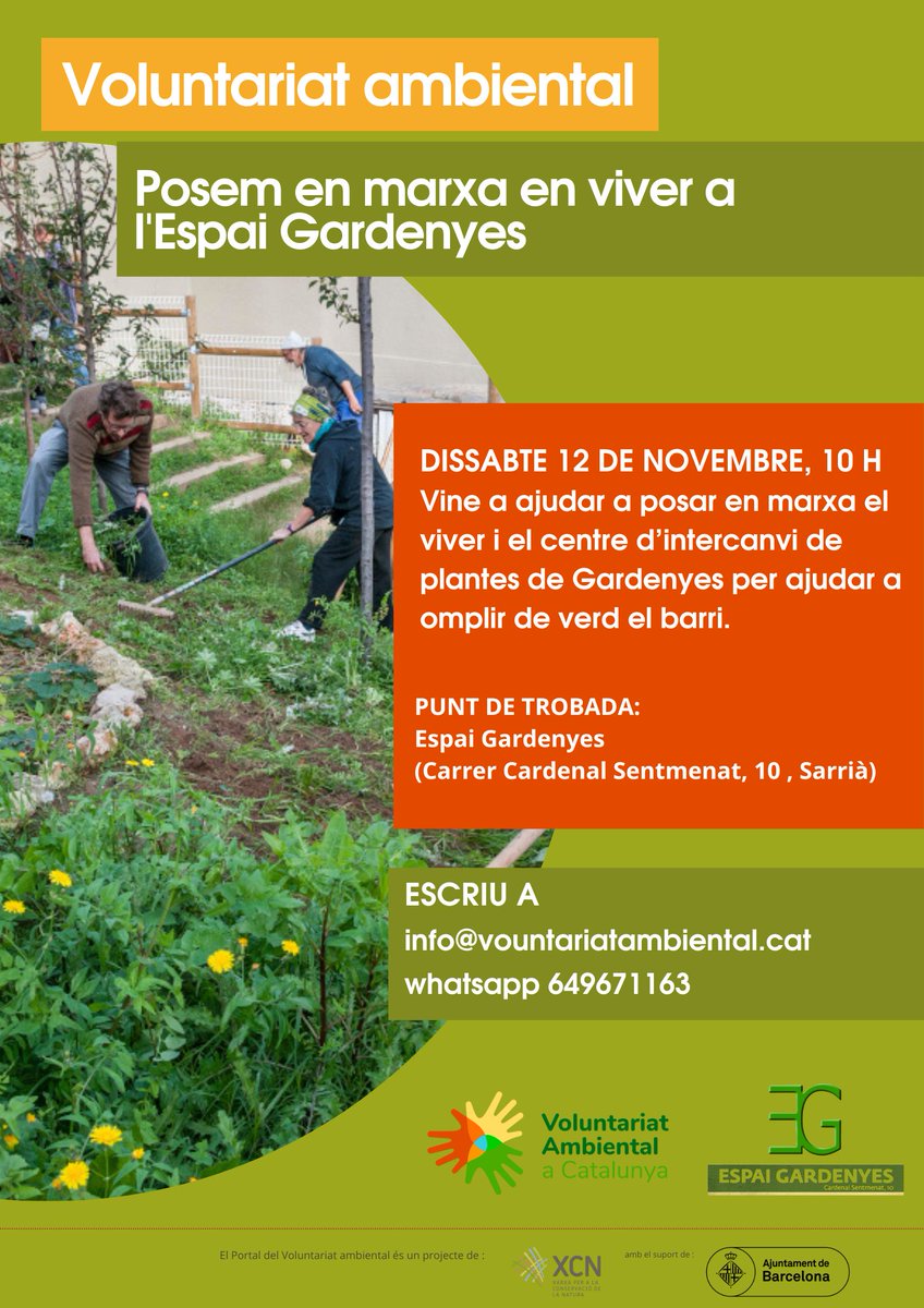 👩‍🌾🧑‍🌾Dissabte 12 de novembre, matinal de voluntariat ambiental a Barcelona per posar en marxa el viver de l'<a href="/EspaiGardenyes/">Espai Gardenyes</a> . 

➡️Envia whatsapp al 649671163 o escriu a info@voluntariatambiental.cat