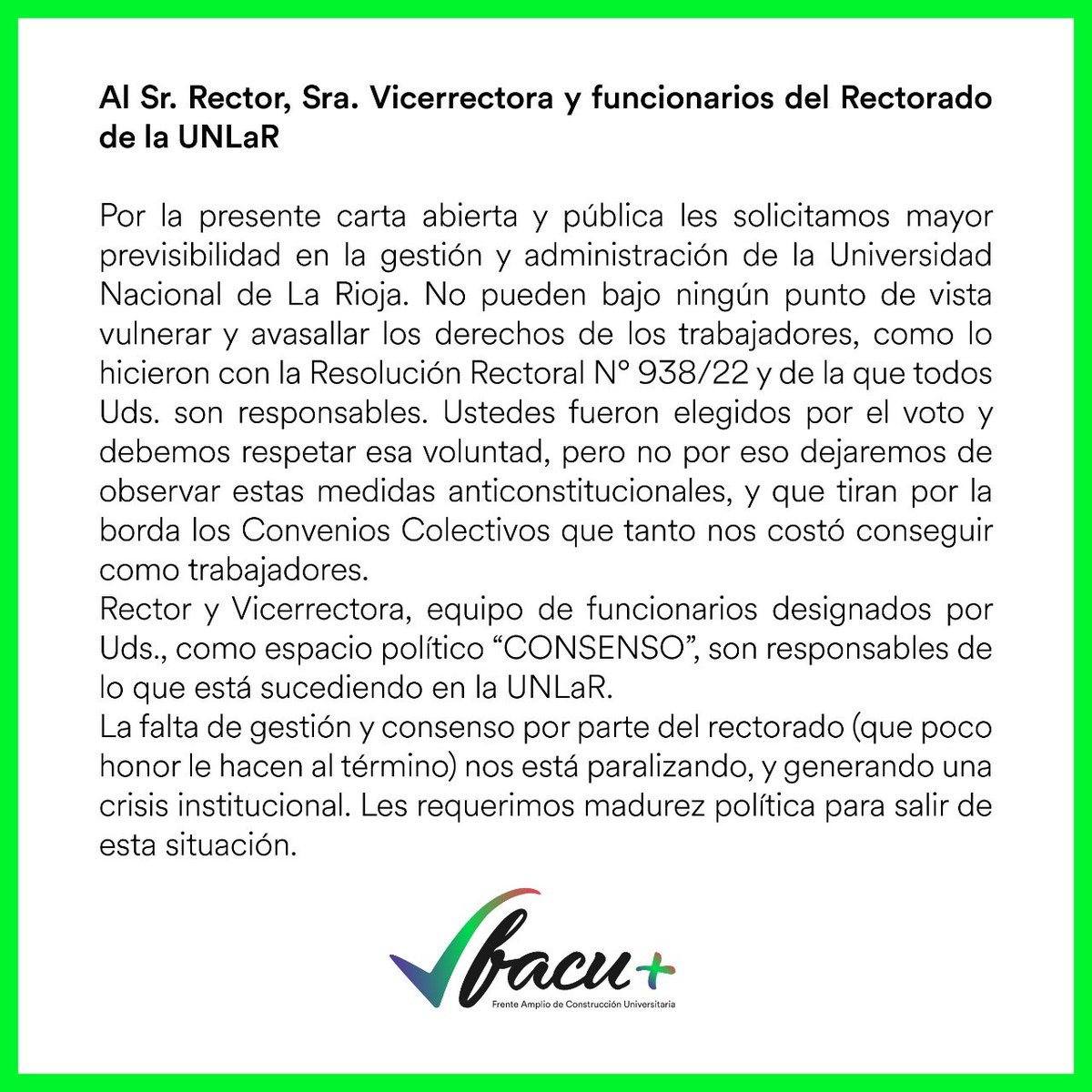 FacuUnlar's tweet photo. 👉Al Sr. Rector, Sra. Vicerrectora y funcionarios del Rectorado de la UNLaR

📩 Carta abierta y pública https://t.co/jNxwDrMr4R