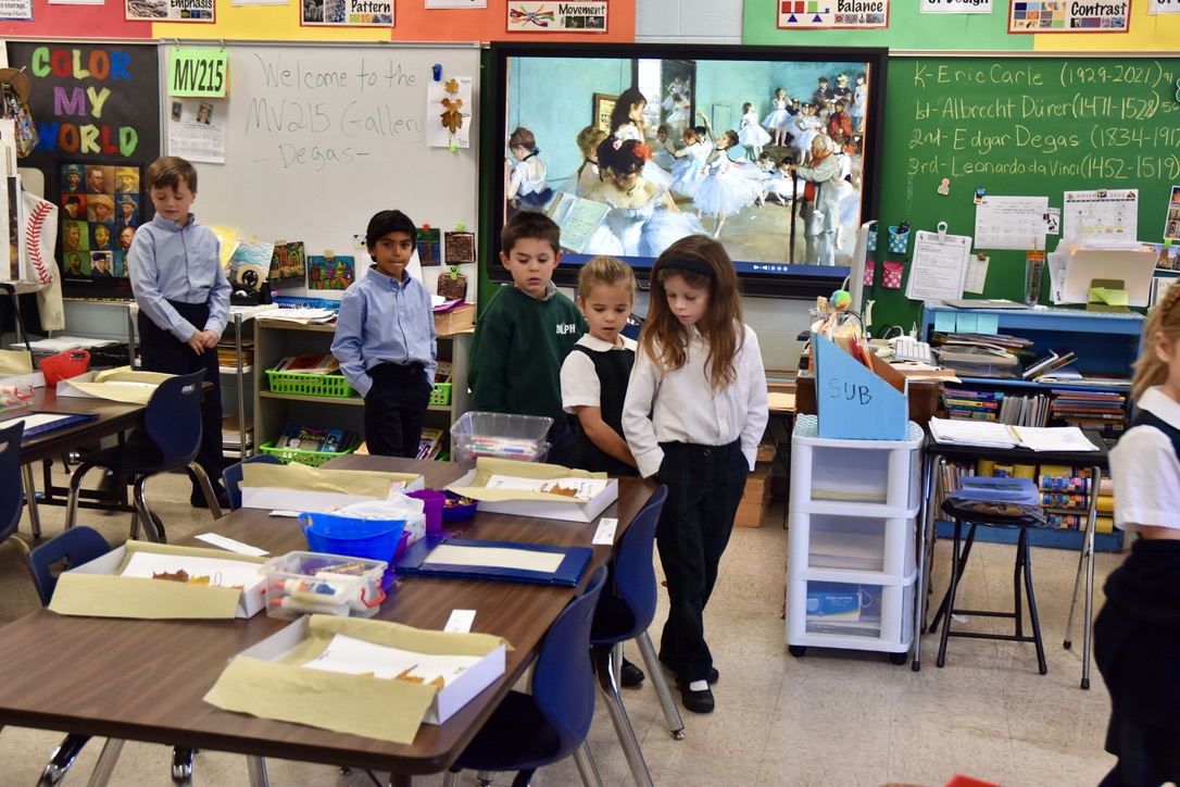 OLPHWarriors's tweet photo. 2nd graders made Edgar Degas' 'dancer' pictures out of leaves that they found on a walk outside of school. All of our primary art classes do "galleries" where the students walk around the classroom admiring each other's work as if they were @ an actual art gallery! #OLPHStrong https://t.co/8BhxKTJblS