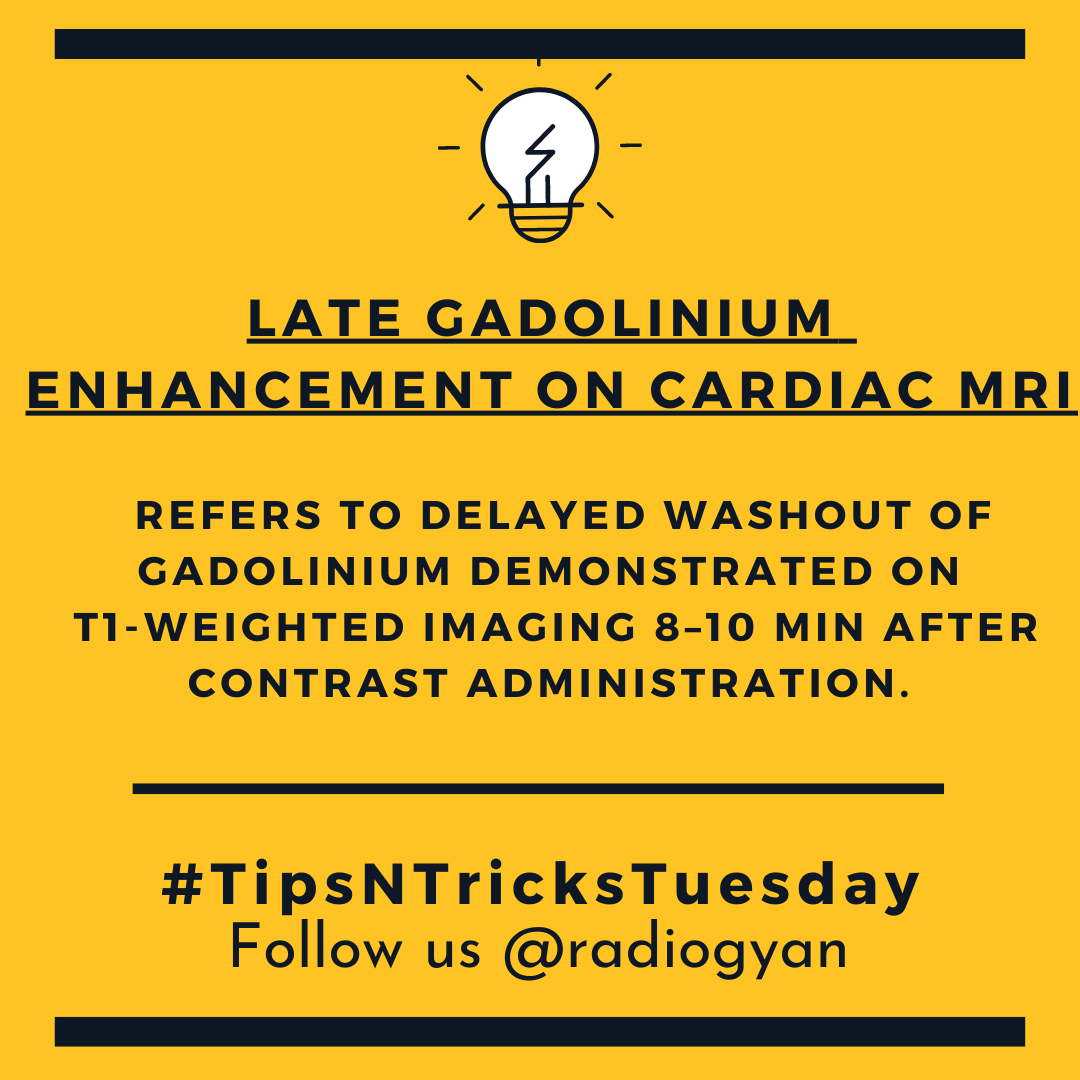 TeamRadioGyan's tweet image. Heres a pearl about late gadolinium enhancement on cardiac MRI!

#TipsnTricksTuesday 

All credits to #TeamGyan member Dr. Disha Lokhandwala.
Follow her on Instagram @dishasradiologyillustrations.

#gadolinium #enhancement #mri
#Foam #radres #radiogyan    
#radiology #education