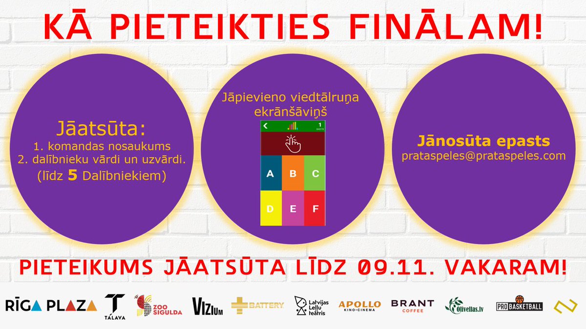 ❗️❗❗️SVARĪGI❗❗️❗

Pieteikties ĢIMENES TURNĪRA finālam iespējams līdz 09.XI.

Ja komanda netiks pieteikta līdz noteiktajam datumam, tā zaudēs iespēju piedalīties finālā! Tās dalības vieta tiks piedāvāta komandām pēc 31. vietas.

Plašāka informācija facebook.com/prataspeles/po…