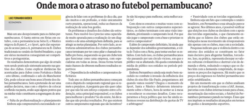 Excelente artigo do amigo <a href="/LFG1501/">Luiz Fernando Guedes</a>. 
Com o futebol de Pernambuco em decadência profunda, Guedes traz um interessante questionamento:
“Até quando resistiremos?” Pois é.

São inúmeros problemas, mas os principais estão expostos aí. Muito preocupante. Mas há saída (não atalhos).