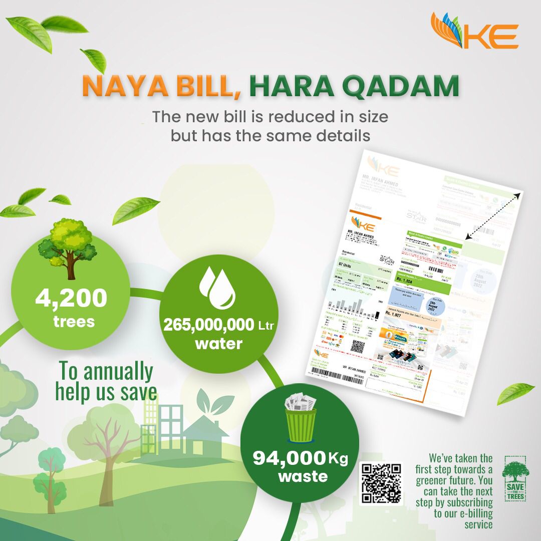 GbgeCAN's tweet photo. Today, when #Pakistan is drastically affected by #climatechange, organizations must play their role in helping conserve the environment for a sustainable future. @KElectricPk move towards resizing its bill is a step in the right direction.

#Zerowaste #Sustainability #Lifestyle https://t.co/bolFUliJWb
