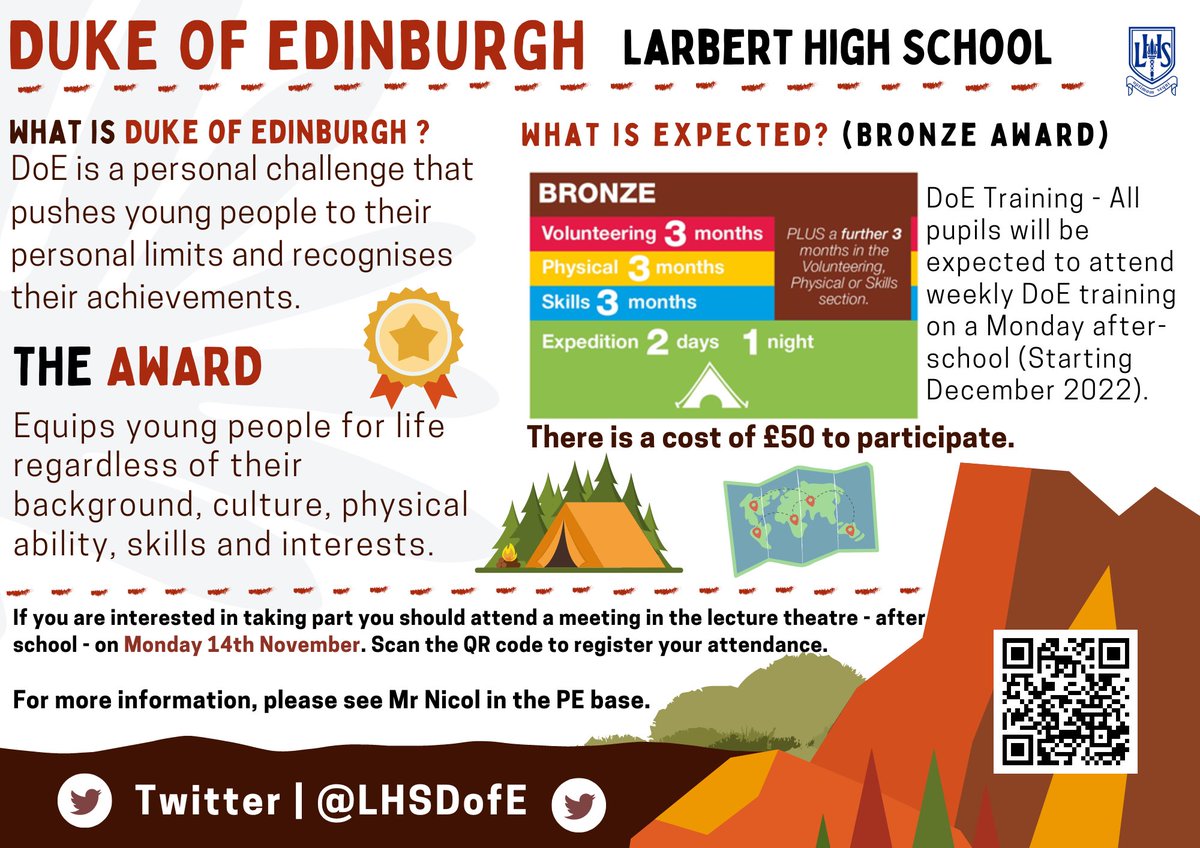 🗺️ Duke of Edinburgh ⛺️

***FAO S4 Pupils***

📣 There’s still time to register your attendance for Mondays <a href="/LHSDofE/">LHS DofE Award</a> Bronze Award meeting. Use the link below to register! If you have any questions, please see <a href="/MrNicolPE/">Mr Nicol</a> in the PE base! 🗺️⛺️