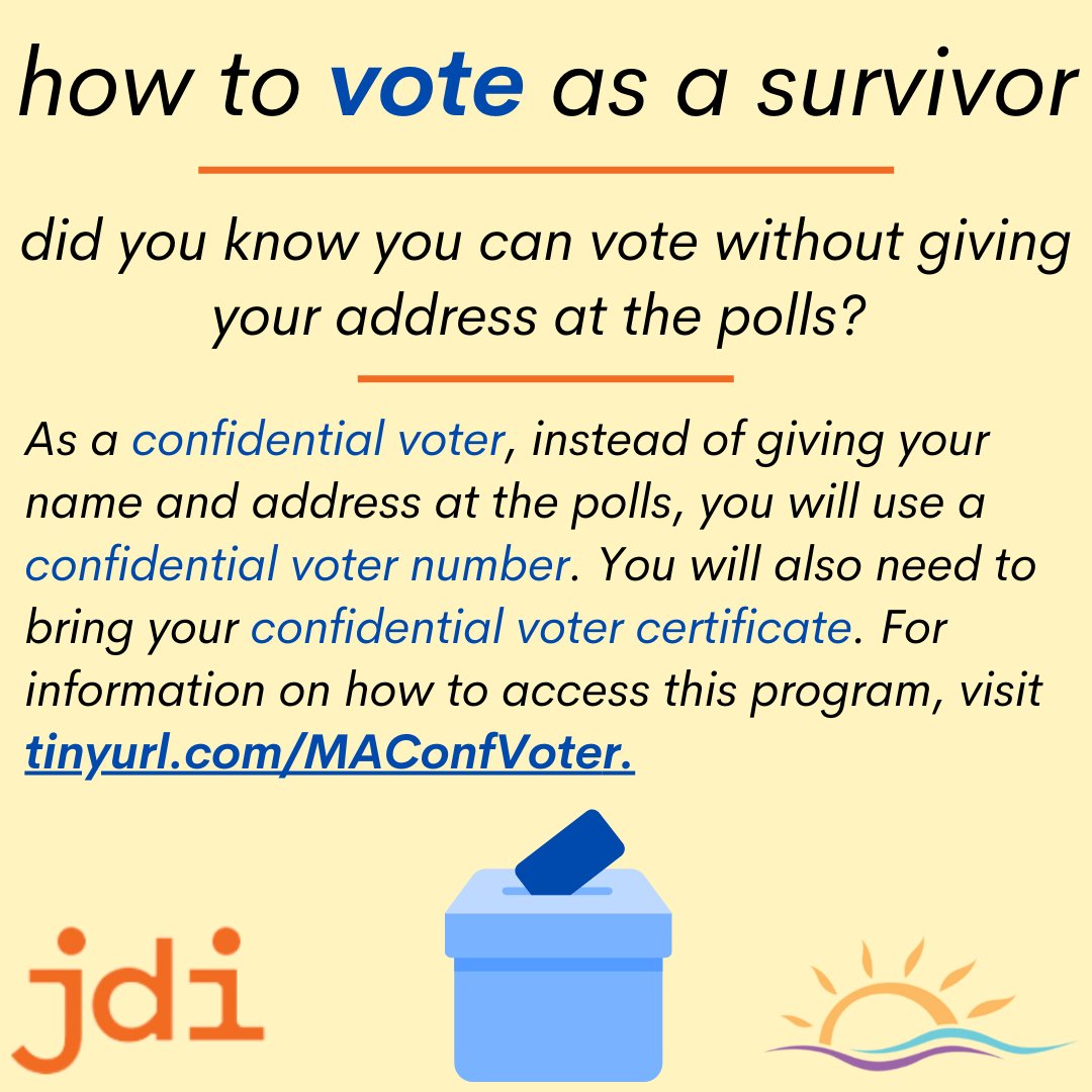 Many survivors of DV need to keep their information private to stay safe. This can make voting difficult, but you can do it confidentially! Check out tinyurl.com/MAConfVoter for more information on how to vote safely as a survivor of DV. #electionday #electionday2022 #DVawareness