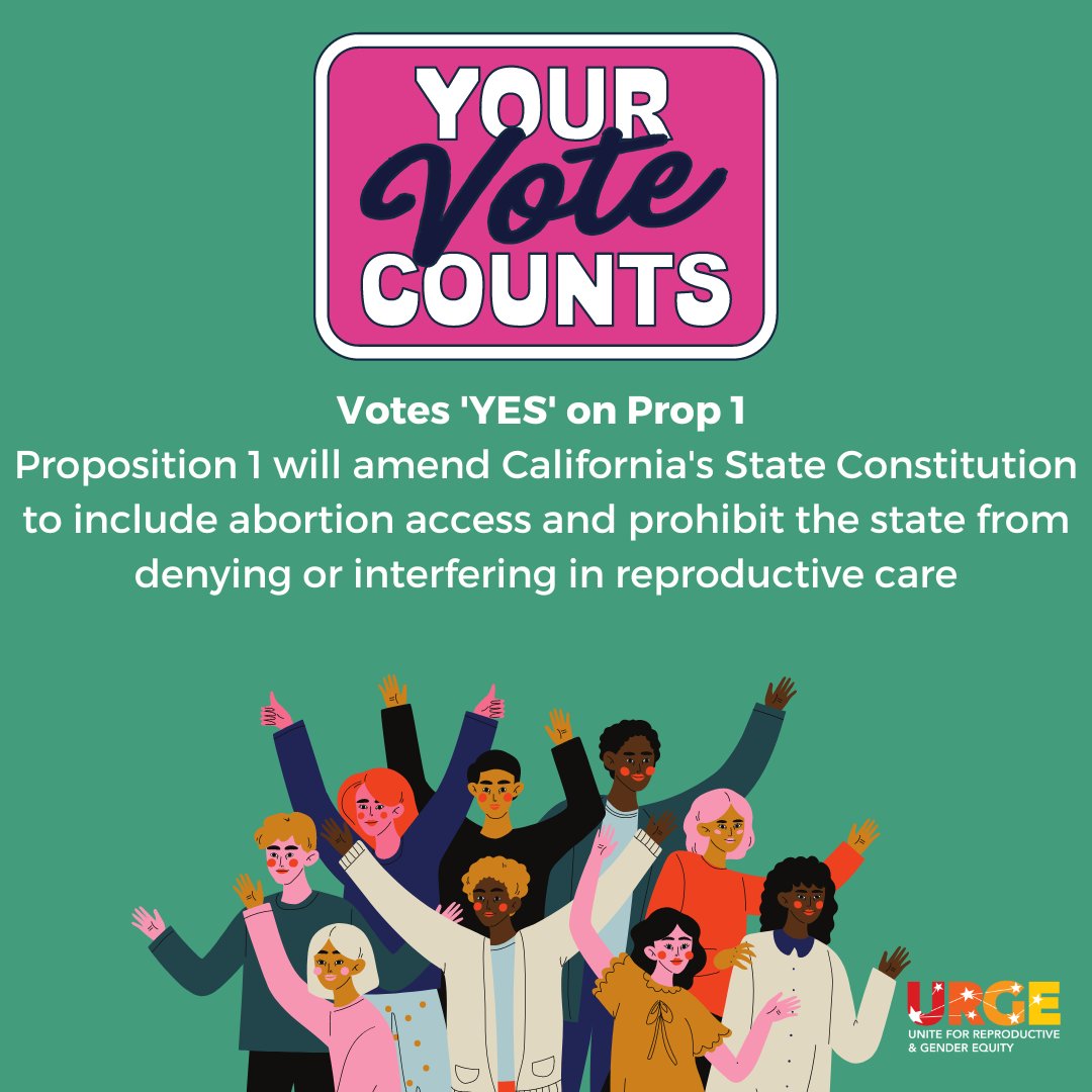 Hi friends 🌈

Vote yes on prop 1 to protect the right to an abortion in the California State Constitution, which ensures that, in California, folks continue to have the power to make autonomous decisions about their own bodies. ✨

Make a plan to vote and tell your friends! 💛