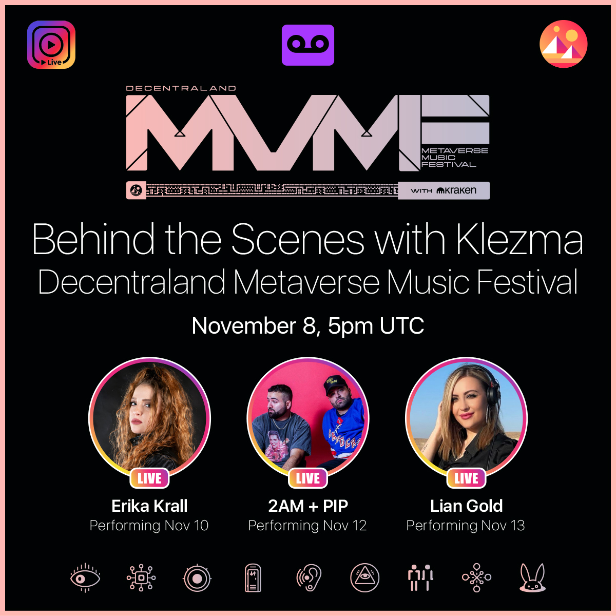 decentraland's tweet photo. Talking LIVE with @KlezmaMusic over on Instagram about #DCLMVMF22 - come on by. 

@ErikaKrallMusic 
@IAM2AM_ + @Pipmusic_ 
@LianGoldMusic 

https://t.co/ZisHkO0VOh https://t.co/k7bdhzNTge