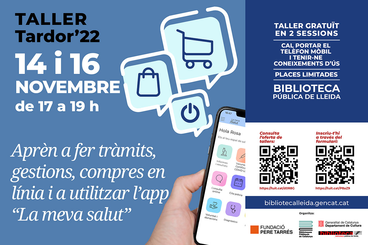 bplleida's tweet photo. Si t'interessa saber com fer #gestions, #compres en #línia i utilitzar l'#aplicació #lamevasalut, encara ets a temps d'inscriure't al taller de la setmana que ve.
Fes-ho a través d'aquest formulari web: https://t.co/dLWFpZnqyM
#habilitatsdigitals #formació #quèfemalesbiblios https://t.co/aBu1SRUu70