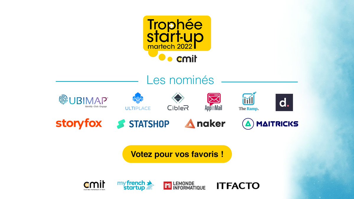 Le point commun entre <a href="/UbiMap_FR/">UbiMap</a> , <a href="/ultiplace/">Ultiplace</a> , , <a href="/AppInMail/">AppInMail 📩</a> , The Ramp, <a href="/dokey_io/">Dokey.io</a> , <a href="/storyfoxvideo/">Storyfox</a> , <a href="/statshop/">Statshop</a> , Naker &amp; Maitricks ? 
Toutes sont pré-selectionnées pour les Trophées Start-up Martech ! 🏆

👉 Votez pour vos préférées : lnkd.in/ewv-TX9K