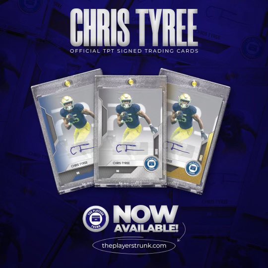 Chris Tyree (@chris_tyree4) on Twitter photo Notre Dame Fans! I’m super excited to release my first ever signed trading card with <a href="/theplayerstrunk/">The Players Trunk</a>. Each card was hand signed and foil stamped. Show some support at the link below: Bit.ly/TYREETPT Notre Dame Fans! I’m super excited to release my first ever signed trading card with <a href="/theplayerstrunk/">The Players Trunk</a>. Each card was hand signed and foil stamped. Show some support at the link below: Bit.ly/TYREETPT