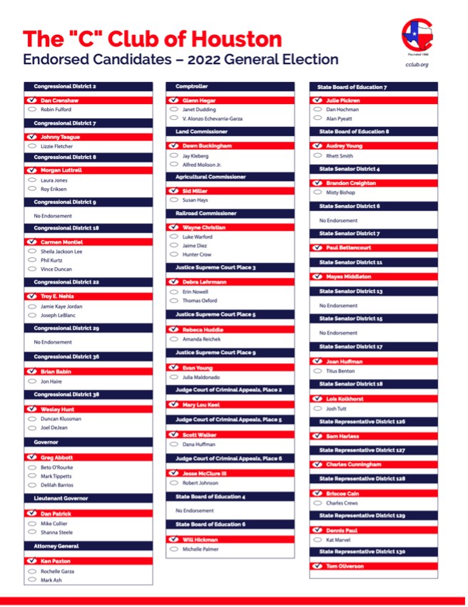 cclubhouston's tweet photo. Have you cast your ballot yet? Make sure to bring the “C” Club of Houston’s slate of endorsed candidates with you to the polls! https://t.co/ICJuc1QHEm