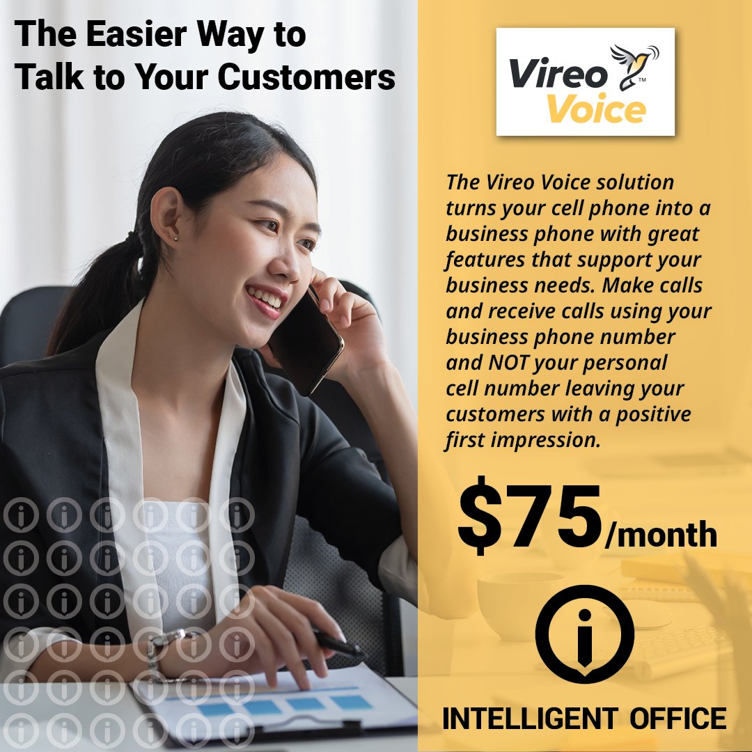 IntellOfficeART's tweet image. The Vireo Voice solution turns your cell phone into a business phone with great features that support your business needs. 

Get Vireo Voice Phone Service for $75/Month

ioart.company.site/Business-Phone…

#WorkIntelligently #ReliableSmallBusinessSolutions #BusinessPhone #IntelligentOffice