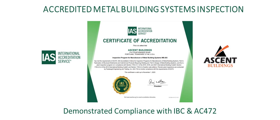 IntlAccredSvc's tweet image. Congratulations Ascent Buildings in Portland, Tennessee, for becoming an IAS Accredited Metal Building System, meeting the requirements of AC472 and Chapter 17 of the International Building Code. bit.ly/3DBCt15  #IASAccredited #MetalBuildingSystem #AscentBuildings