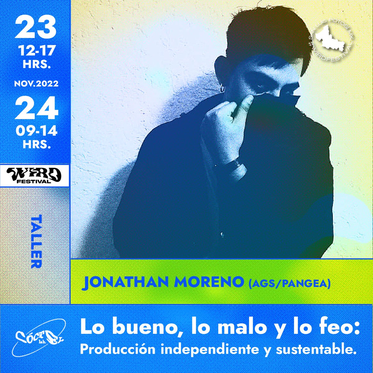 UASLPCultura's tweet photo. ¡Somos parte del #WirdFestival! 🔥
#Talleres | Lo bueno, lo malo y lo feo: producción independiente y sustentable.
Imparte: Jonathan Moreno (AGS/PANGEA).
Nov 23, 12:00 a 17:00h.
Nov 24, 09:00 a 14:00h.
👉Arte y Cultura UASLP
Inversión: $1000.00 (Beca 30% comunidad UASLP) https://t.co/QqTQD4moqH