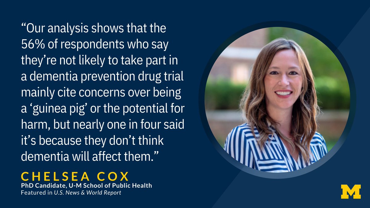 University of Michigan (@umich) on Twitter photo A new <a href="/UM_IHPI/">U-M IHPI</a> National Poll on Healthy Aging report suggests many middle-aged adults may be reluctant to take part in studies to test a new dementia drug. Study author and <a href="/UMichSPH/">University of Michigan School of Public Health</a> doctoral student Chelsea Cox discusses the survey with <a href="/USNews/">U.S. News & World Report</a>. myumi.ch/n8AnG A new <a href="/UM_IHPI/">U-M IHPI</a> National Poll on Healthy Aging report suggests many middle-aged adults may be reluctant to take part in studies to test a new dementia drug. Study author and <a href="/UMichSPH/">University of Michigan School of Public Health</a> doctoral student Chelsea Cox discusses the survey with <a href="/USNews/">U.S. News & World Report</a>. myumi.ch/n8AnG