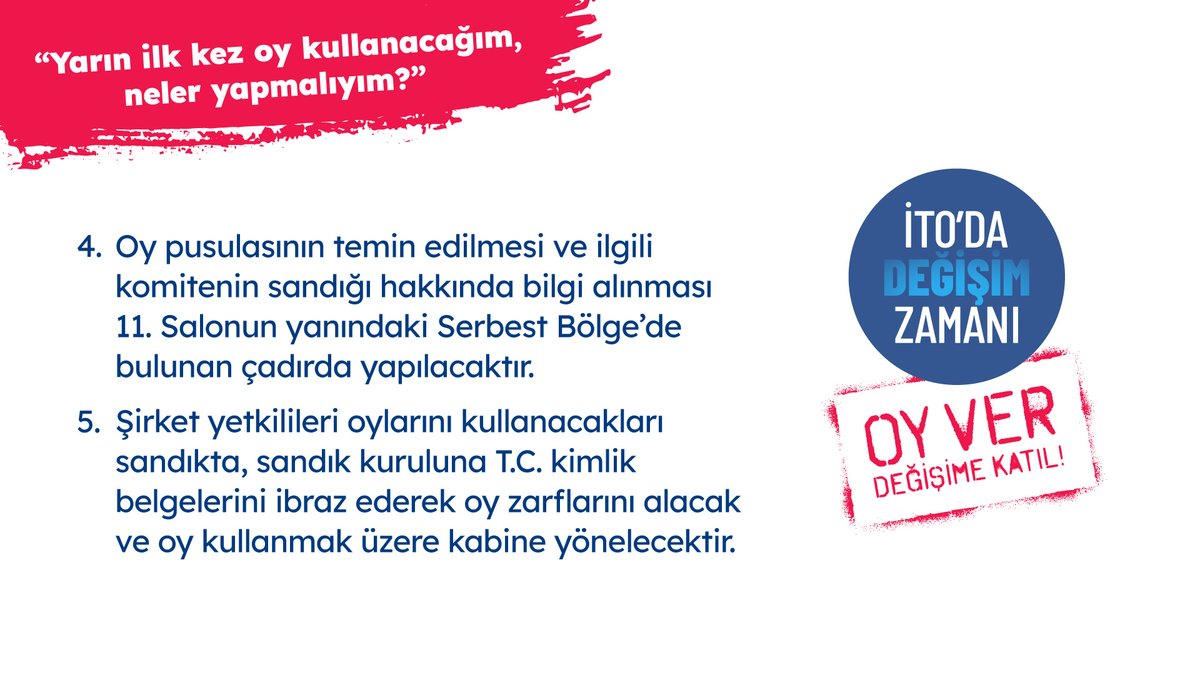 Yarın ilk kez oy kullanacakların takip etmesi gereken adımlar neler? 👇
Hala başvuru formunu doldurmadıysanız:  itodadegisim.org/basvur

#ito #istanbulticaretodası #itodadeğişim
