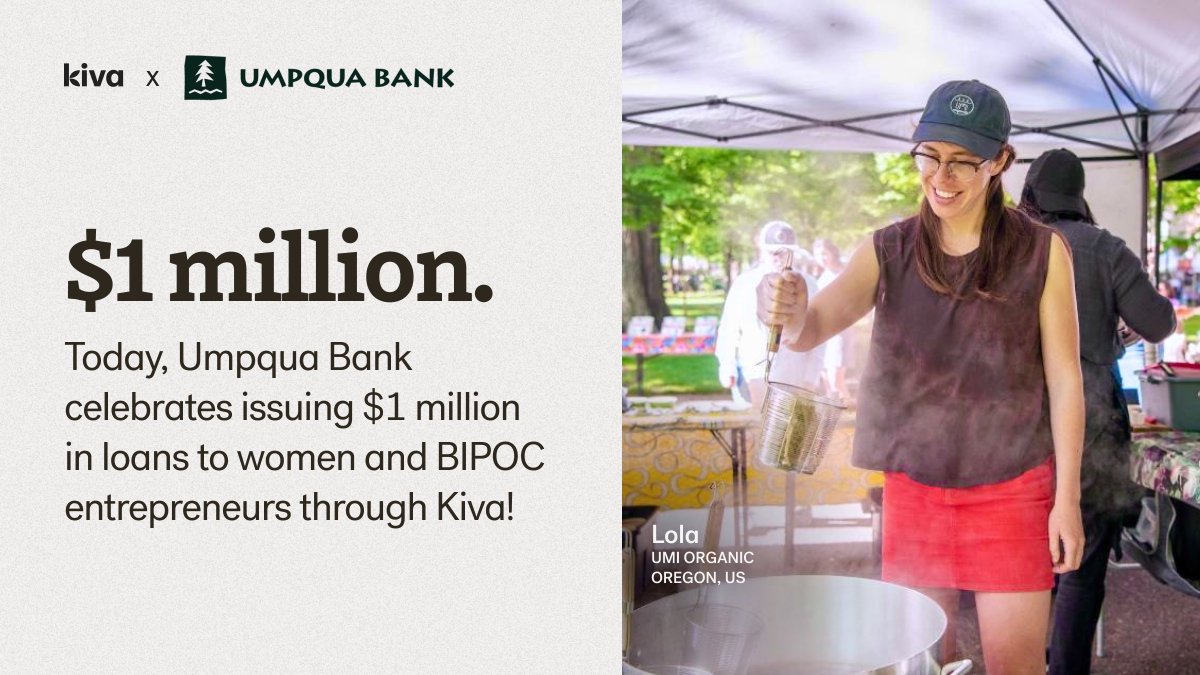 Congratulations to @umpquabank for passing the million-dollar mark in just 6 mo.! Umpqua helped facilitate >$1 million in 0% interest #KivaUS loans to historically underrepresented small business owners.

Head to our blog at bit.ly/3TjSTRI to learn more or get involved!