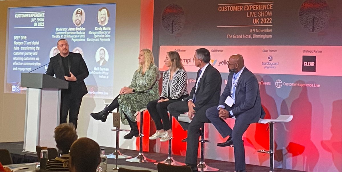 We’re at the Customer Experience Live Event! Loved this nextgen #CX deep dive with <a href="/JDODKINS/">James Dodkins</a> from <a href="/pega/">Pegasystems</a>, Kirsty Morris from <a href="/BcardPayments/">Barclaycard Payments</a>, <a href="/peter_pbishop/">peter bishop</a> from <a href="/BhamCityCouncil/">Bham City Council</a>, Katherine Lamb from <a href="/HSBC/">HSBC</a>, and @neelanjanbarman from <a href="/yellowdotai/">Yellow.ai</a>. <a href="/CXLiveTweets/">Customer Experience Live</a> #customerexperience