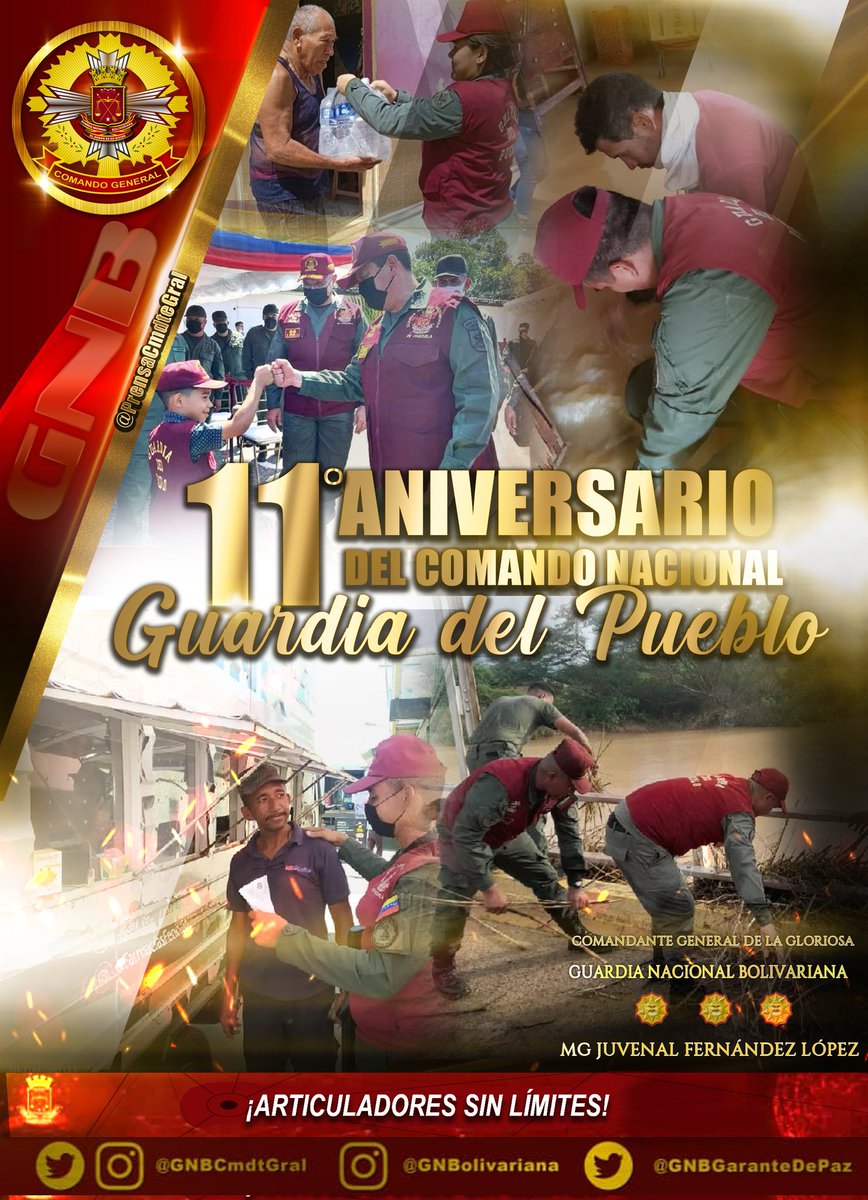 MGJuvenalFL's tweet photo. Hoy desde el Comando Nacional de la Guardia del Pueblo, conmemoramos su 11° Aniversario. Sigan en sus tareas, Articuladores sin Límites. Continúen enalteciendo el legado de nuestro Comandante Supremo Hugo Chávez.
#11AniversarioGNBDelPueblo https://t.co/l5AZtmwbl4