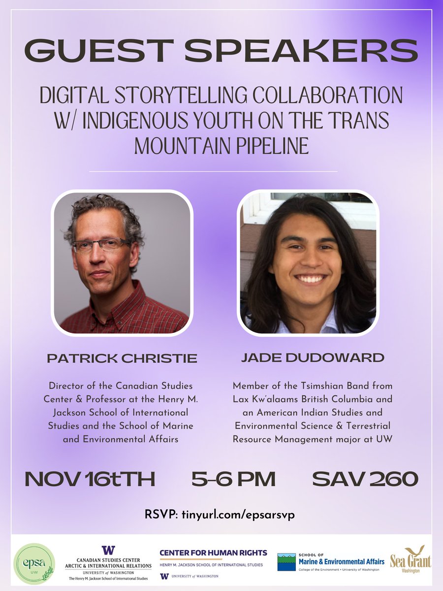 Join <a href="/epsauw/">Environmental Policy Student Association at UW</a> to hear from Jade Dudoward &amp; Patrick Christie about the Trans Mountain Pipeline (TMX) Expansion Project and digital storytelling with Indigenous youth.

We hope to see you there!

Wed, Nov 16
5-6pm
Savery 260

Register here: tinyurl.com/epsarsvp