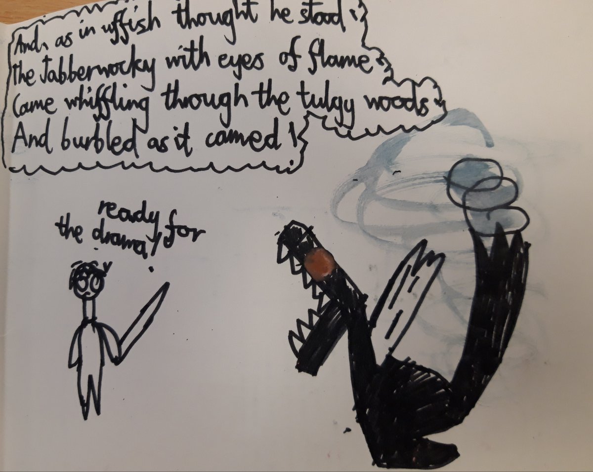 LCPS07's tweet image. Our year 4s have been working hard on illustrating the poem The Jabberwocky by Lewis Carroll as part of their art lessons last half term! They are rightly proud of their books and their use of pen and colour! We love their bold illustrations #inspiredby @accessart