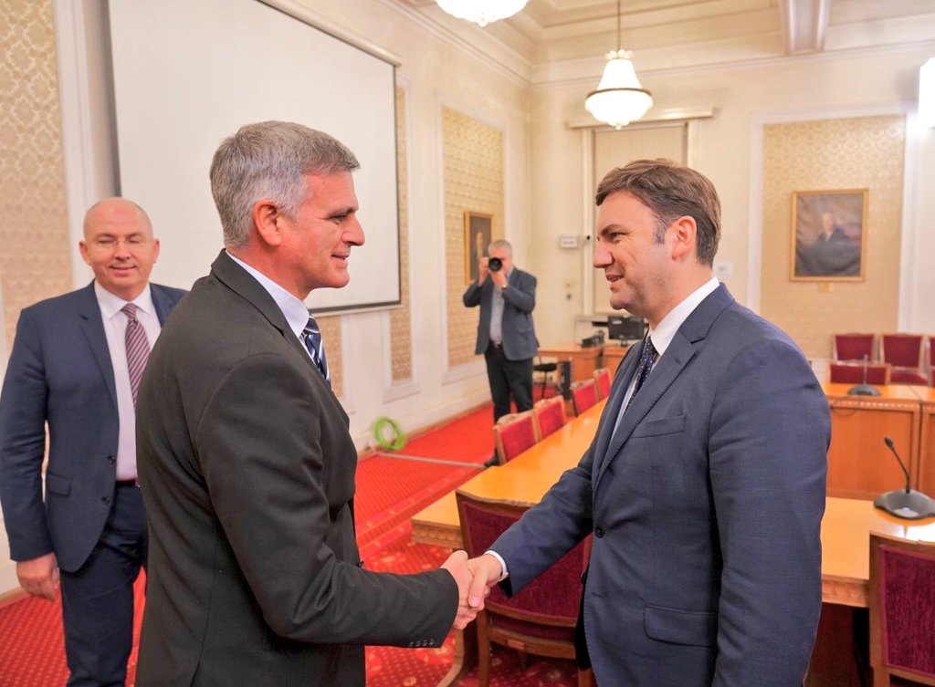 Bujar_O's tweet photo. With Stefan #Yanev from Bulgarian Rise. There is no turning back regarding the implementation of mutual agreed obligations with Bulgaria. Our common future is in the EU. https://t.co/pq1U7Zlepl