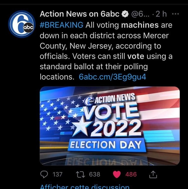 niadolphe's tweet photo. Toutes les machines à voter sont en panne dans chaque district du comté de Mercer, dans le New Jersey, selon des responsables. Les électeurs peuvent toujours voter en utilisant un bulletin de vote standard dans leurs bureaux de vote. https://t.co/6JCwFYTcLf