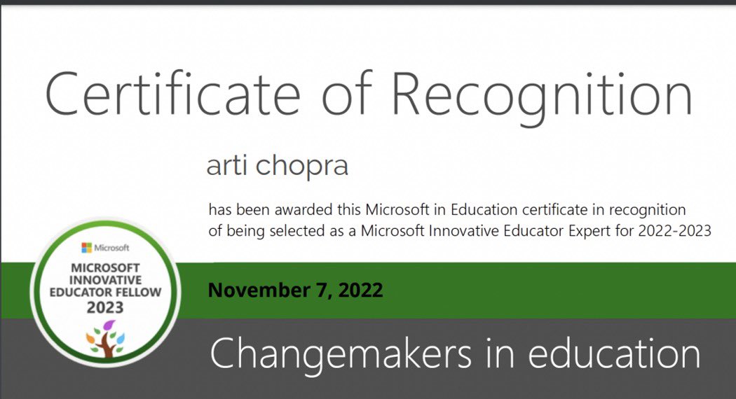 Great honour to be selected as #MIEFellow for the Year 2022-2023!Feeling privileged! <a href="/MicrosoftEDU/">Microsoft Education</a> <a href="/vjauhari1/">Vinnie Jauhari</a> <a href="/sdelafosse/">Sonja Delafosse</a> <a href="/MicrosoftIndia/">Microsoft India and South Asia</a> <a href="/MicrosoftFlip/">Flip</a> <a href="/wakelet/">Wakelet 💙</a> <a href="/AnthonySalcito/">Anthony Salcito</a> <a href="/DePedagogics/">De Pedagogics</a> <a href="/garima_babbar/">Garima Babbar</a> <a href="/PlayCraftLearn/">Minecraft Education</a>