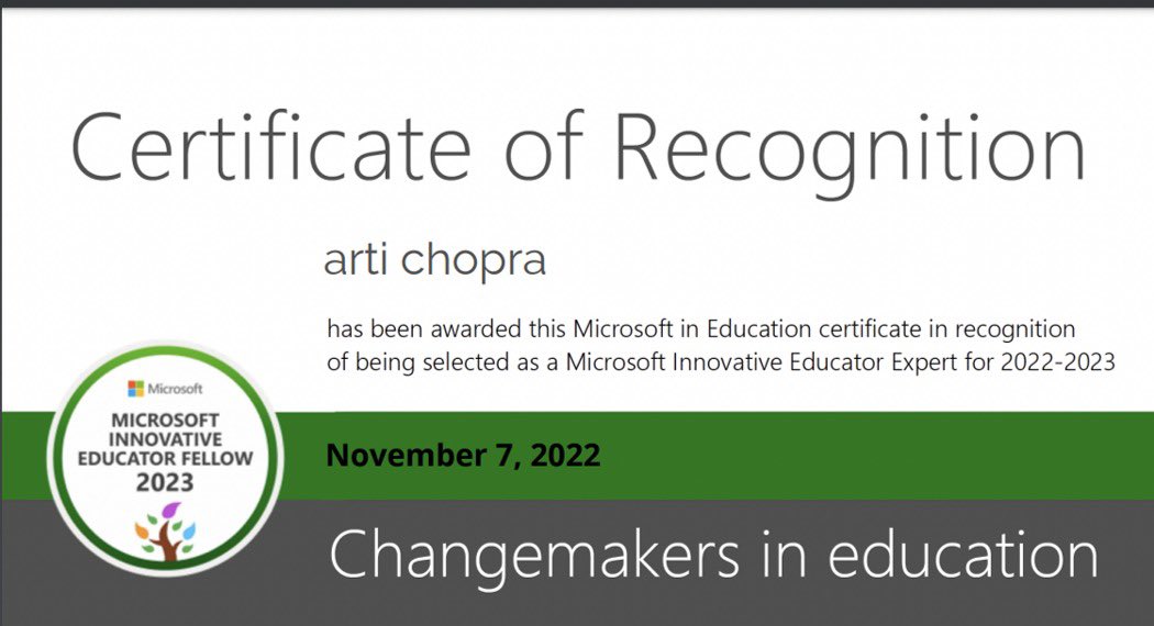 Great honour to be selected as #MIEFellow for the Year 2022-2023!Feeling privileged! @MicrosoftEDU @vjauhari1 @sdelafosse @MicrosoftIndia @MicrosoftFlip @wakelet @AnthonySalcito @DePedagogics @garima_babbar @PlayCraftLearn