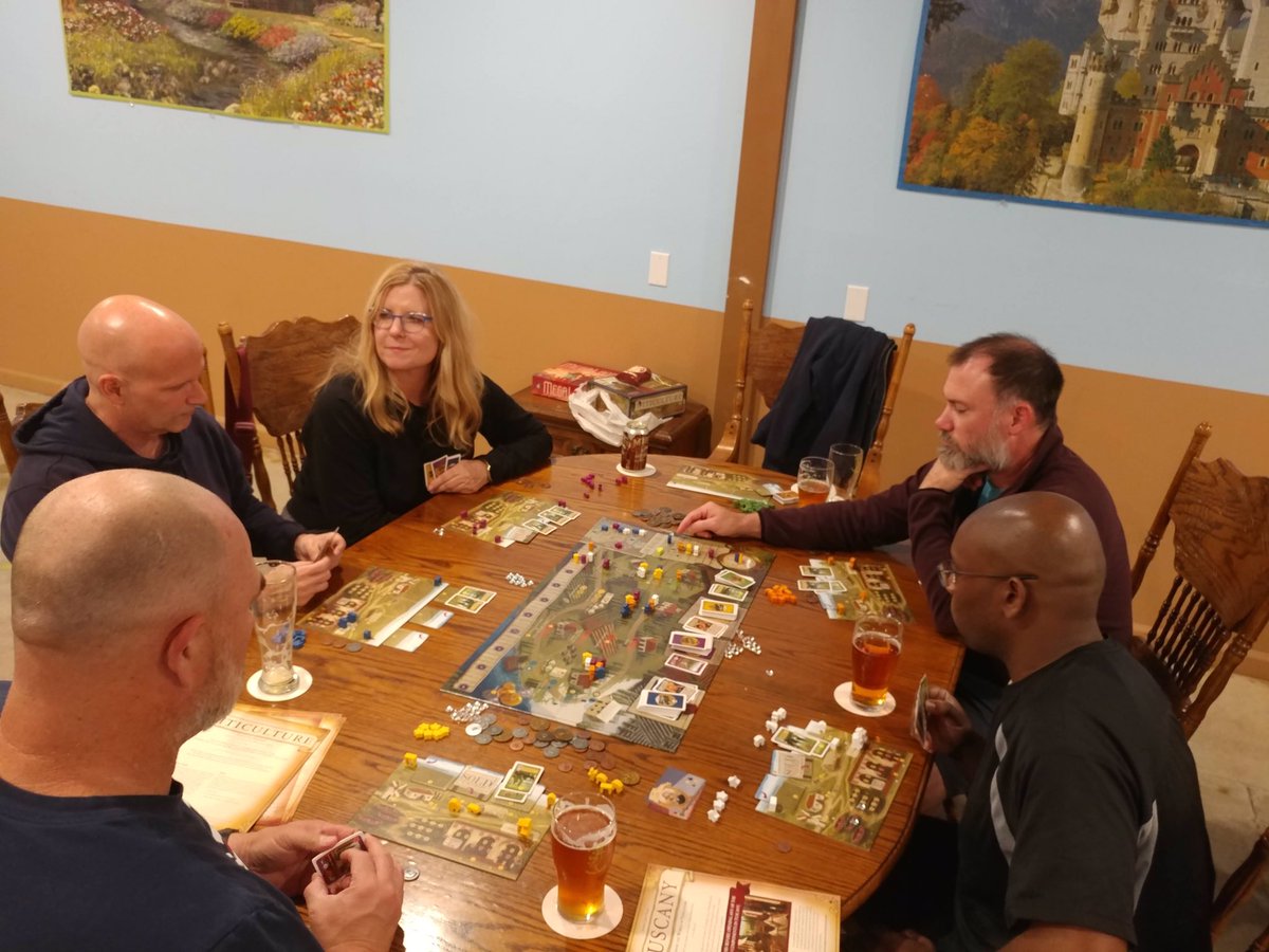 BoardGameBloke's tweet photo. Monday night #boardgames &amp; #craftbeer with the #VCSBG in #Moorpark
Castles of Mad King Ludwig, Viticulture Tuscany, &amp; Village Rails. My 2nd play of Village Rails by @OspreyGames, boy did I over think things this time around. I came last. 
#boardgame #VenturaCounty https://t.co/fUMV9O7dkO