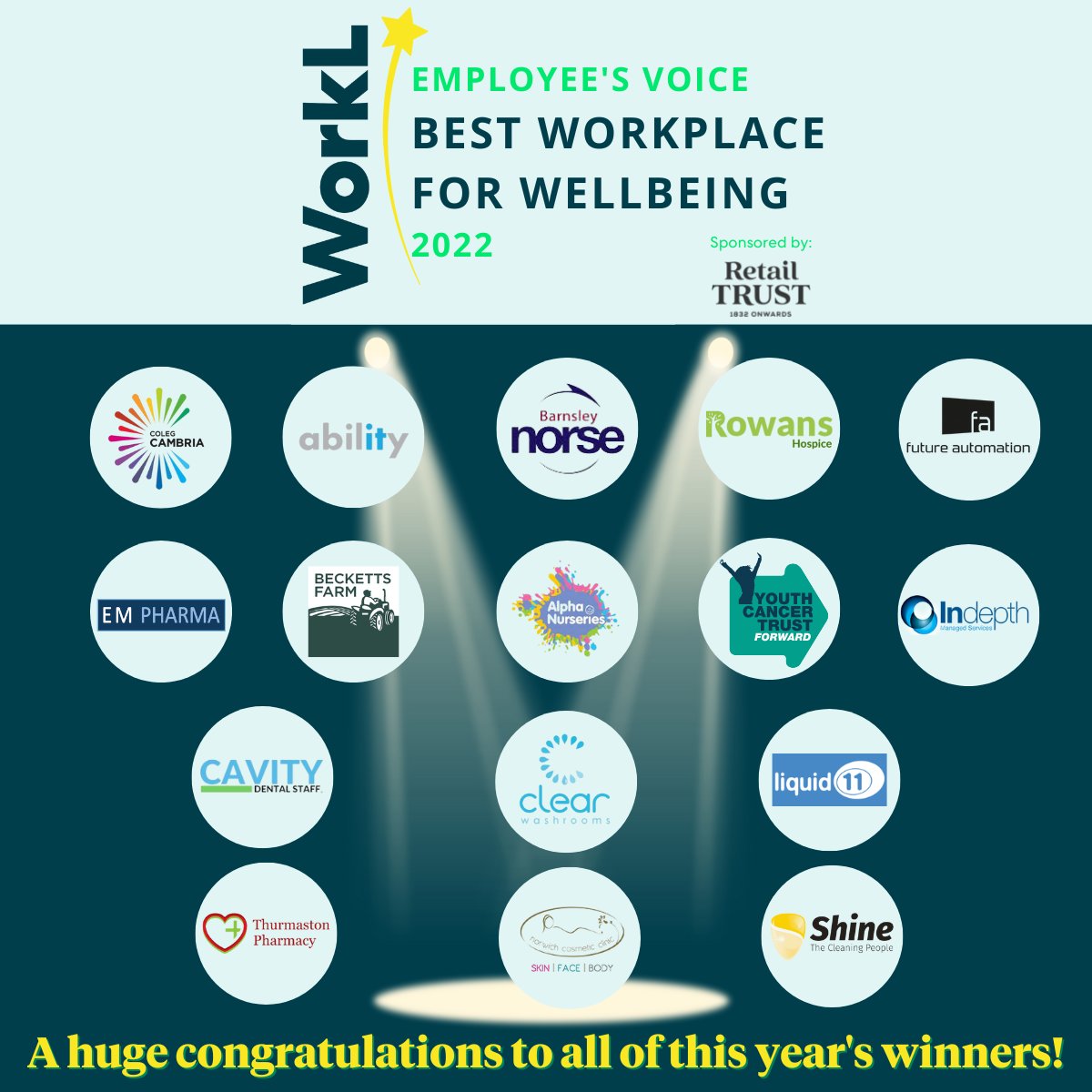 Best Workplace for Wellbeing💚 sponsored by <a href="/retail_trust/">Retail Trust</a> 

A huge congratulations to the organisations going above and beyond for their employees overall wellbeing.