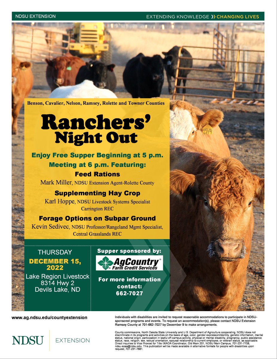 CountyNdsu's tweet photo. Join us for Ranchers' Night Out at the Lake Region Livestock in Devils Lake on December 15th. Supper sponsored by AgCountry Farm Credit Services begins at 5 p.m. followed by our speakers beginning at 6 p.m.! https://t.co/hgMZnIiVNO