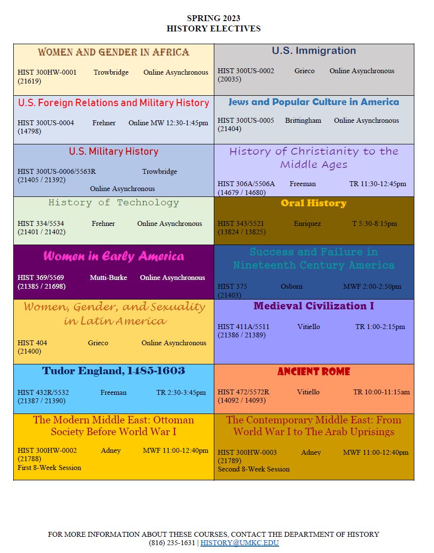 The Department of History is offering several exciting electives this upcoming spring semester. In particular, we are excited to be offering two 8-Week Sessions on the Modern/Contemporary Middle East! 

Open enrollment begins on Monday, November 28th.