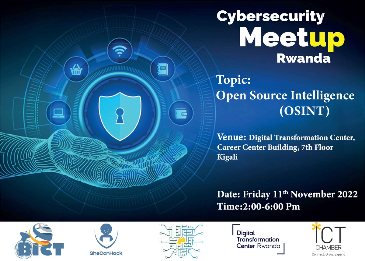 SheCanHack's tweet photo. It’s finally here! Cybersecurity Meetup Rwanda is happening this 11th November at @DigiCenterRW under the theme ‘Open Source Intelligence." To learn more about this meetup and registration, click here: https://t.co/c1lZlJq8Ds https://t.co/STbyR2fqQM