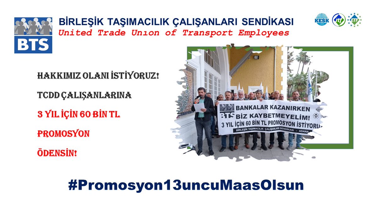 BTSGENELMERKEZ's tweet photo. Hakkımız olanı istiyoruz! TCDD çalışanlarına 3 yıl için 60 bin TL promosyon ödensin! #Promosyon13uncuMaasOlsun https://t.co/thI0Uosn4j