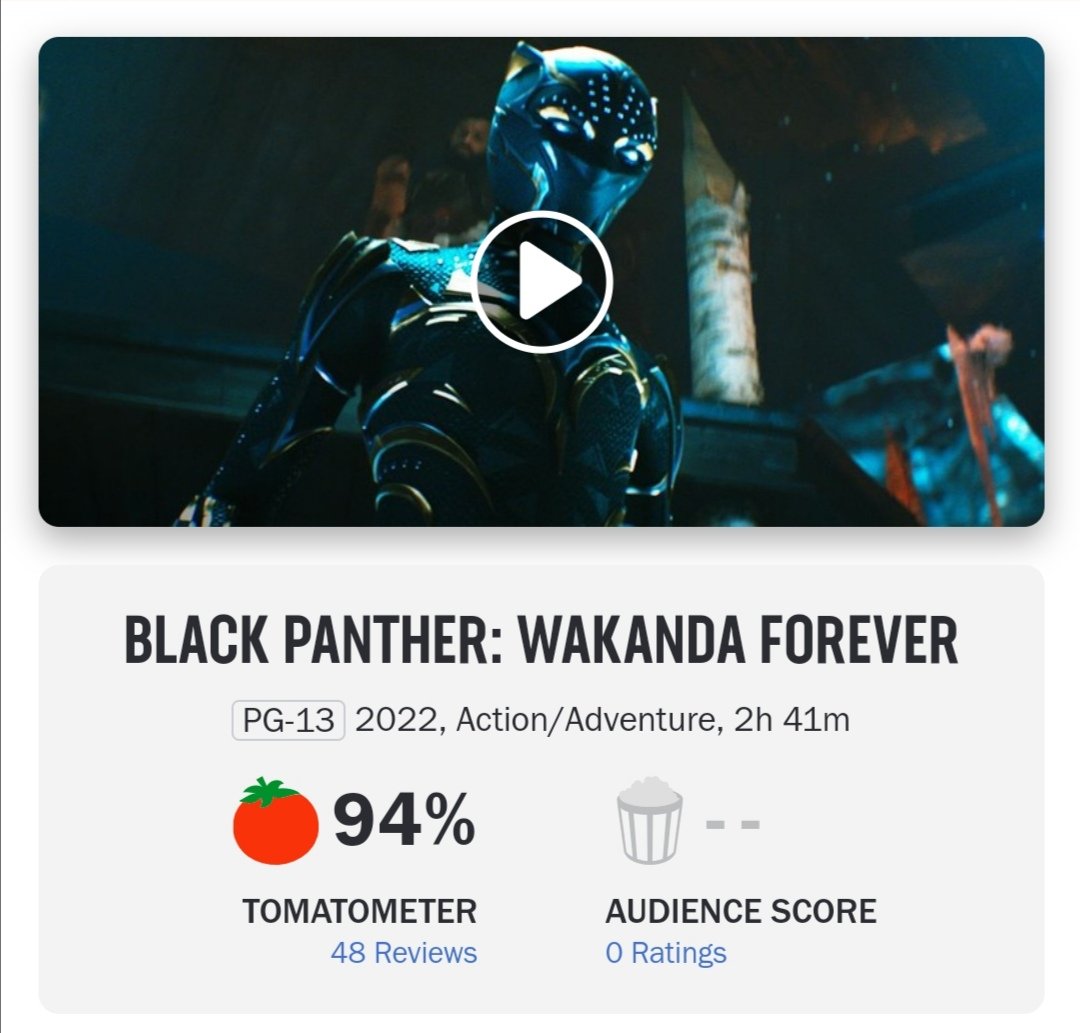 FilmUpdates's tweet photo. 'Black Panther: Wakanda Forever' debuts with a 94% score on Rotten Tomatoes. https://t.co/eYOjiDvzba