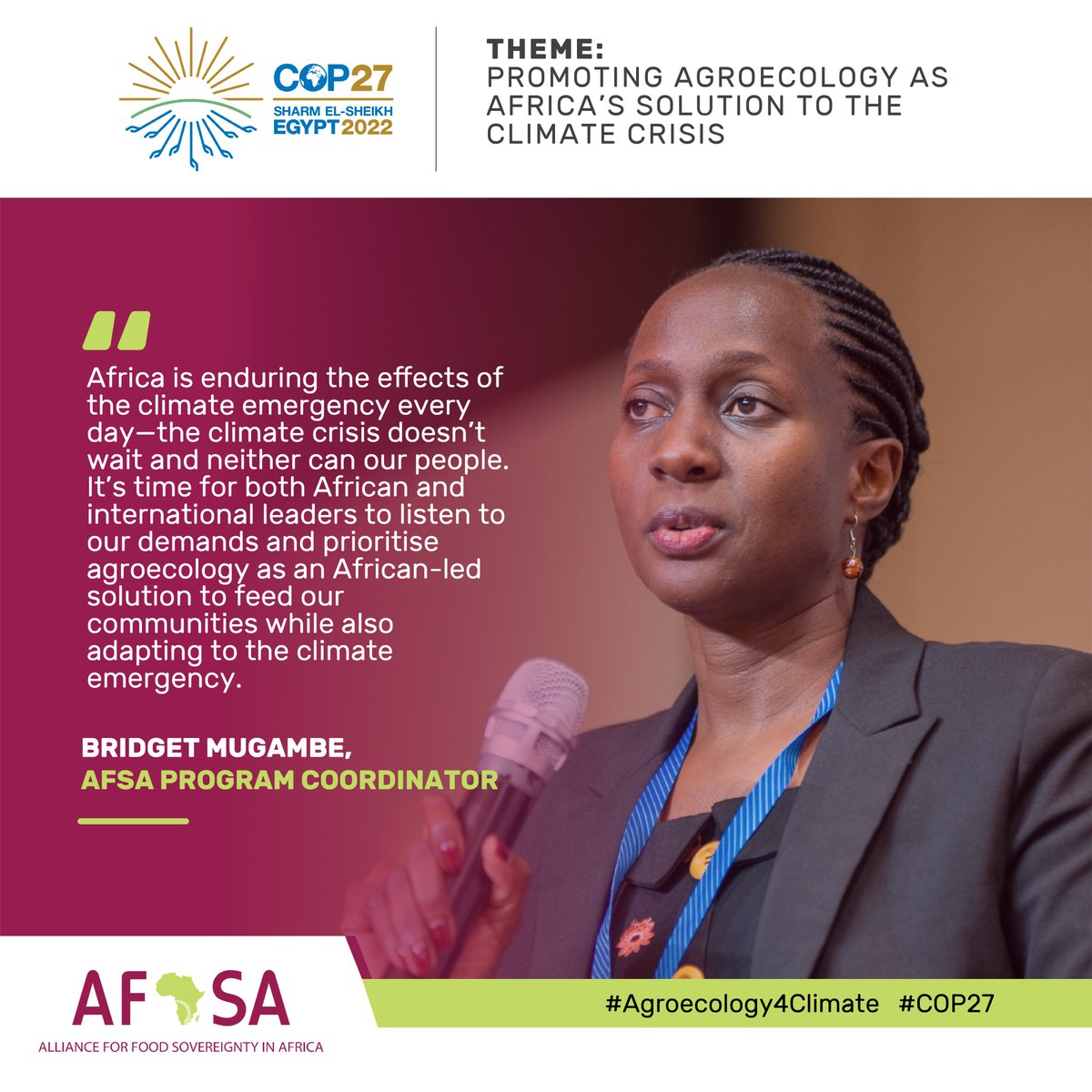 Afsafrica's tweet photo. "#Africa is enduring the effects of the #ClimateEmergency every day—the climate crisis doesn’t wait and neither can our people. It’s time for both African &amp; international leaders to listen to our demands and prioritise #agroecology." @bmngabirano1 

#Agroecology4Climate  
#COP27 https://t.co/I8pSG5q5p4